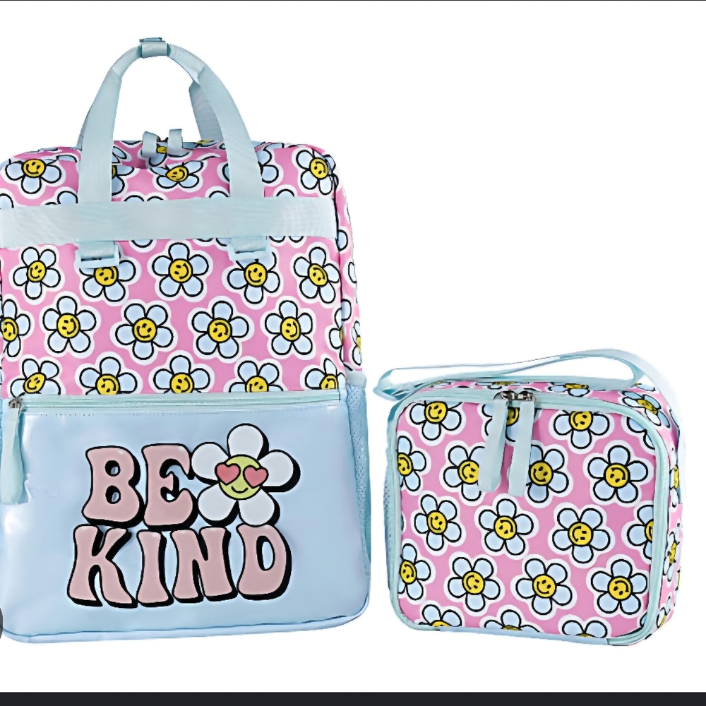 Be Kind Smiley Daisy Backpack and Lunchbox set NWT. Pink and Turquoise
